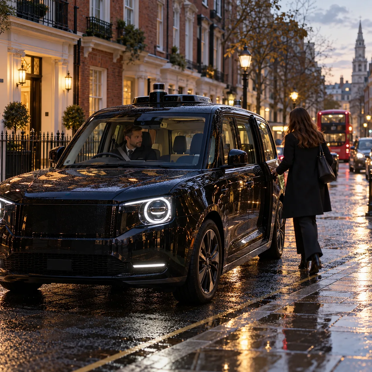 Imagen generada con IA: Londres estrena robotaxis con una persona al volante