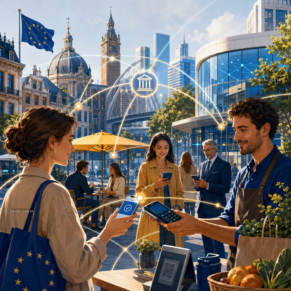 Imagen generada con IA: Europa deja de hablar de soberanía de pagos y empieza a probarla con usuarios, bancos y comercios