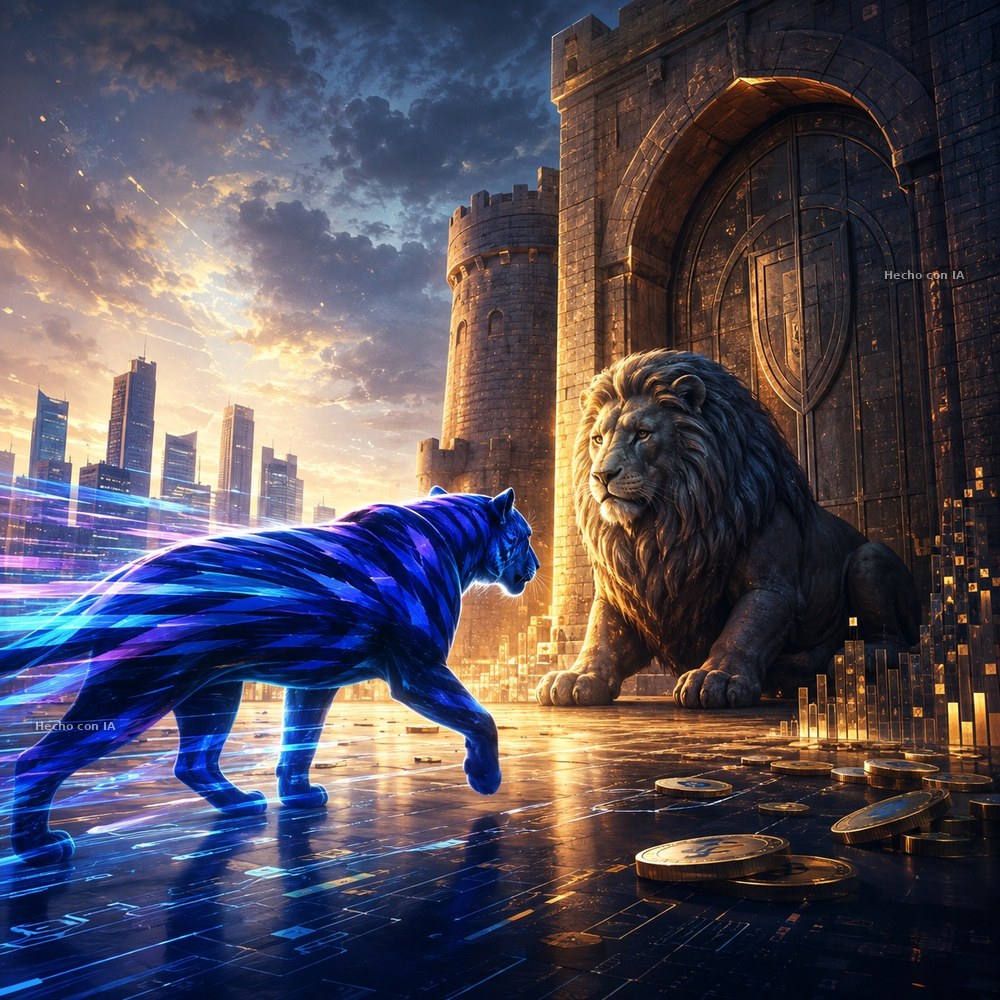 Imagen generada con IA: Stripe quiere comprar PayPal por 53.000 millones: el joven depredador llama a la puerta del antiguo rey