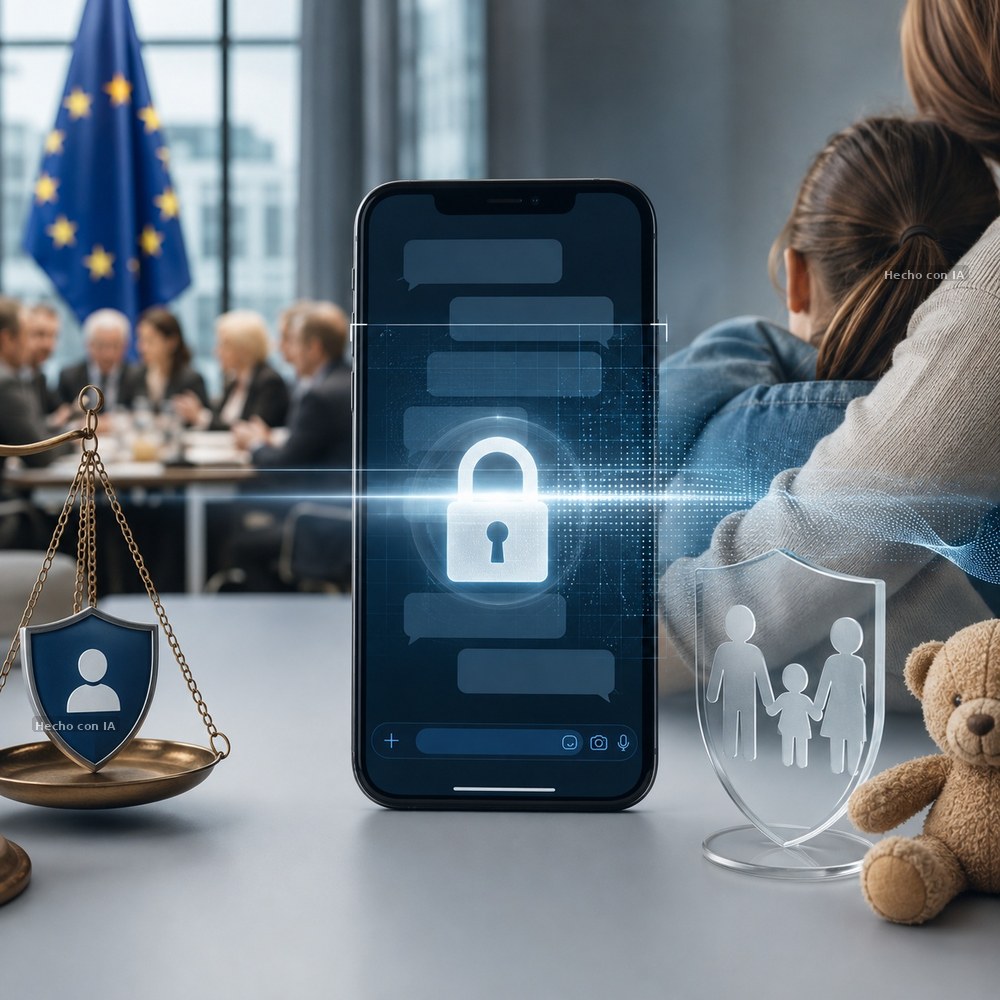Imagen generada con IA: Chat Control: Europa vuelve a abrir la puerta al escaneo de mensajes: proteger a los menores sin convertir la privacidad en sospechosa